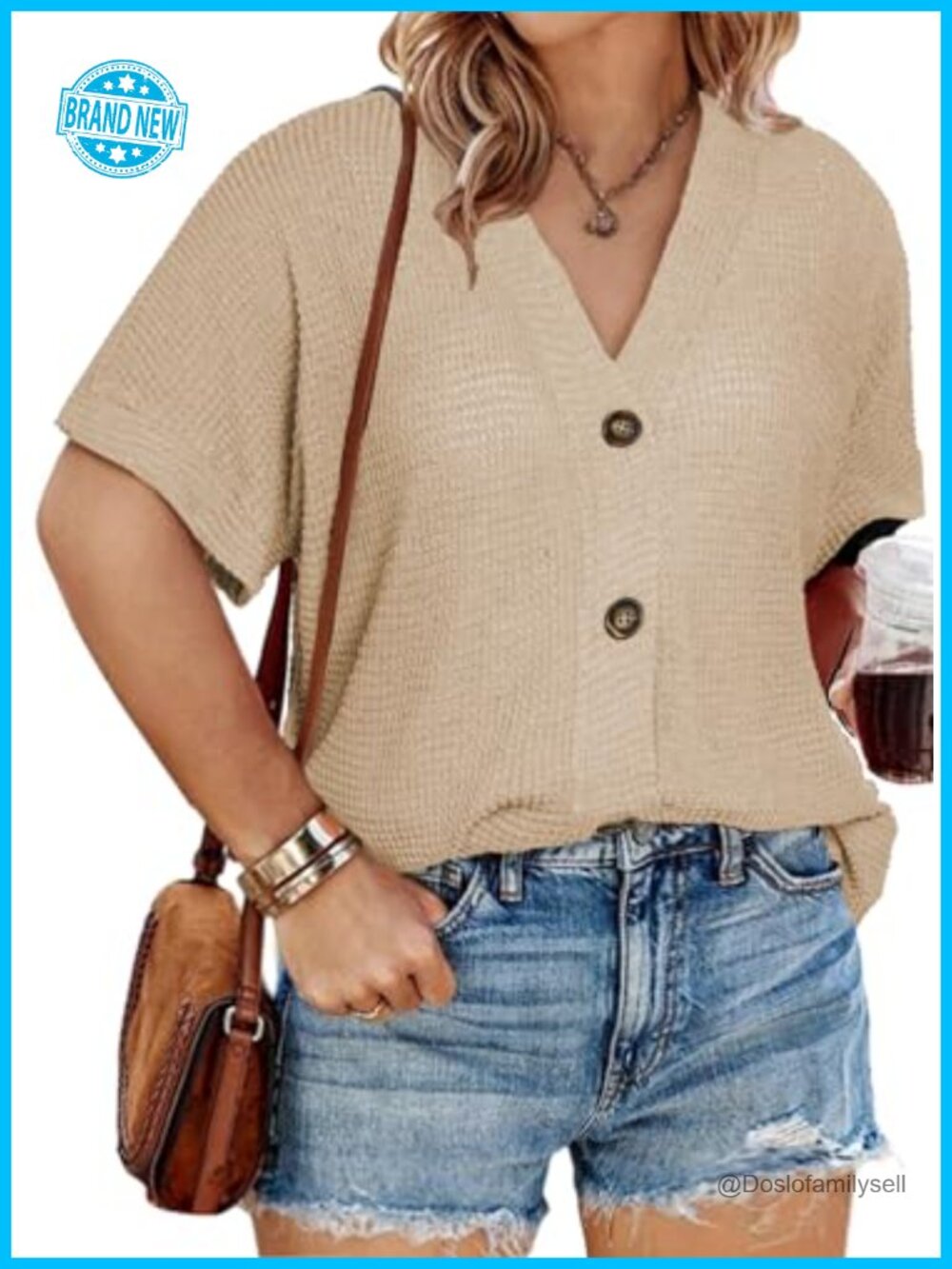 Waffle Knit Button Down Shirt V Neck Short Sleeve Loose Fit Summer Top